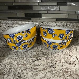 Set of Four Paula Deen Spring Prelude Bowls Blue & White Floral Yellow Kitchen